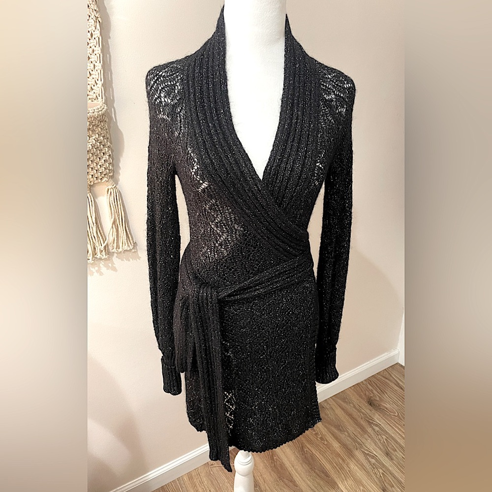 Diane Von Furstenburg STUNNING black and silver crocheted wrap sweater.